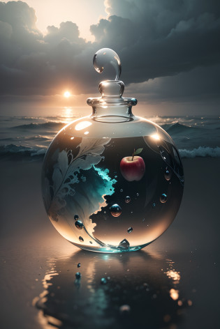 lovely double exposure image by blending together a stormy sea and a glass apple. The sea should serve as the underlying backdrop, with its details subtly incorporated into the glossy glass apple, sharp focus, double exposure, glossy glass apple, (translucent glass figure of an apple) (sea inside) lifeless, dead, glass apple, earthy colors, decadence, intricate design, hyper realistic, high definition, extremely detailed, dark softbox image, raytracing, cinematic, HDR, photorealistic (double exposure:1.1)