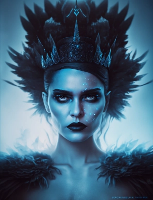 beautiful queen of ravens, in action, dramatic, wantone, femme fatale, black plumes, in action commanding the ravens, black lipstick, icy blue, black hair::3, eyes pantone 2766, world of warcraft, psychedelic, birth canal, wearing a silk gossamer light dress, stars and galaxy background, full body portrait, greg retkowsi style, ethereal crown, ornated, low angle shot, god rays and radiant light::4, iridescent red halo background, ultra realistic, detailed environment, macabre, art station, dark fantasy, armospherichyperrealism, insanely detailed, epic wide shot, ultra realistic illustration, phot realistic, sharp focus, octane render, cinematographic --c 60 --ar 3:4 --v 4