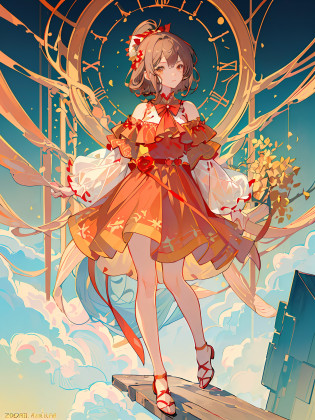 (((masterpiece))), (((best quality))), ((ultra-detailed)), (highly detailed CG illustration), ((an extremely delicate and beautiful)),solo,full body,(,anime girl with  big red bow on head talking on a golden telephone, brown curly hair,short hair, put on red dress,basic backgroud,yellow background