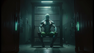man in a jail cell with a green light, still from alita, altered carbon, movie still of a alien cyborg, movie still of cyborg, humanoid, still from a music video, movie still of aztec cyborg, altered carbon series, die antwoord music video, still from the movie saw, movie still of a cyborg --auto --s2