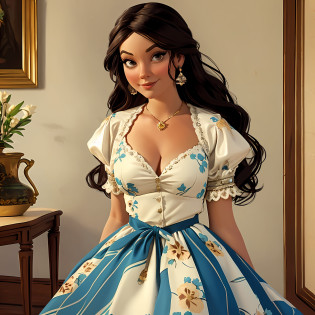 there is a woman in a dress that is posing for a picture, photorealistic disney, disney photo realistic, disney artist, disney art style, disney character, art in the style of disney, princess jasmine, disney character style, disney artstyle, inspired by Franz Xaver Winterhalter, detailed dress and face, render of mirabel madrigal, princess portrait, disney art