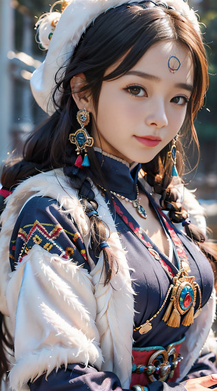 A girl, long braids, Tibetan girl, close-up on front, slightly raised head, smile, front photo, upper body, bust photo, Tibetan costume, colorful clothing, navy blue Tibetan costume, collar with fluff, fluff collar, high-end Tibetan clothing, cumbersome Tibetan clothing design, cold clothing, winter clothing, appearance Yang transcendence, round face shape, gorgeous Tibetan clothing, cumbersome Tibetan necklace, cumbersome Tibetan headdress, colorful headband, real person CG, sweet style, film style, HD 4K, photography effect, studio effect, White glow, mythical wind, snowfield background, character core, picture ratio 16:9, mask fresh.