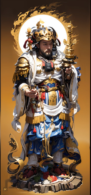 Handsome man, mythical character?King Tota?(((com um rosto quadrado)))?nobles?The king?Shogun?One meter nine?small heads?long leges?Tall guy?com um rosto quadrado?Strong facial muscles?Peng Yuyan??((little beard))?,(((One hand holds a sword:1.1)))?One hand to the Zhuo Pagoda?1.1)))?Basketball player body proportions?Roman model?European people?looking toward the viewer?Blue pupil?The body is well-proportioned?Long legs?Straight back?Fitness trainer?Movie stars are glamorous,(((Heads-up)))?Handsome?Westerners?muscular face?Muscular body?Perfect proportions?The muscles have expressions in both eyes?King Yan Luo stared ahead?(((Golden lotus throne)))?The man wears a white shirt?(((Ancient Roman clothing)))?silkouette?White yarn?There are muscles?(((Ancient Roman white clothes)))?Shirtless??(((Head background with round light)))?(((Behind it is the sun)))?(((The man emits a bright and dazzling light)))?King Yan took away the metal weapon?Take the Skeleton Staff as an example?Barefoot on both feet?Step on the nasturtium?photorealestic?professional photoshooting?Realiy???????tmasterpiece?