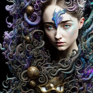 a stern Eldritch ancient god in the storm at night, [[Sophia Anne Caruso]], [Raffey Cassidy], translucent ivory masquerade mask of Eldritch horror, erotic pose, closed eyes, cinematic lighting, (by (Daniel Mernagh) (Carne Griffiths) Monika Nowak), highly detailed, detailed face, covered in black roses