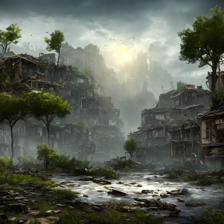 Create a post-apocalyptic scenario?Water floods the earth, There are few trees?Lots of buildings and buildings. Add high-resolution detail?For example, abandoned buildings, Structural cracks, Electrical installation failure, and poor lighting. The scene should have a mysterious and dark tone, There are elements of water and ruins, high resolution, ultra�-�detailed, Add ships that are used as cities, Ship City, 8K, MUCH QUALITY