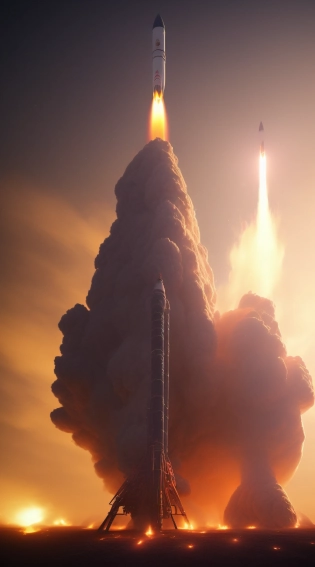 massive rocket ship during its launch from the ground| ground level full of fire and smoke| extreme long shot| centered| vibrant| massive scale| dynamic lighting| in mdjrny-v4 style