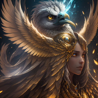 The anthropomorphic eagle vulture can be described as having a human body and (eagle's head) and golden wings, human arms, upright walking creatures, ((beautifully detailed griffin)) (extremely detailed CG Unity 8k wallpaper), professional majestic oil painting by Ed Blinky, Atea Gaylan, Studio Ghibli, Jeremy Mann, Greg Manches, Antonio Exhibited at ArtStation, Moreau was popular at CGSociety, with dramatic photorealistic paintings by Complex, High Detail, Sharp Focus, Midjourney, and Greg Rutkowska. super high resolution, best quality, photos, 8K, (Realistic: 1.2), cinematic lighting, giant in bright gold robe with golden feathers, floating on the crystal throne, floating on a crystal cloud, yellow eyes, bright yellow light emanating from the throne, gemstone floating in the sky, God, a beam of light shrouds his body, The crystal throne has large translucent (golden feathered wings) with wings spread, Golden light overhead (aura: 1.2), abdominal muscles wearing medieval golden armor, golden feathers, masculinity, darkness, masterpiece, best quality, intricate details, snow environment and crystal in background, crystal cathedral, futuristic portal, 3D light, HD, magic, light god, backlight, detailed face, fear, depth of field, soft lighting, tone mapping, high detail, concept art, smooth, clear focus, dramatic lighting, highly detailed art, film, 8K, Amazing shadows (highly detailed background: 1.2) --auto --s2