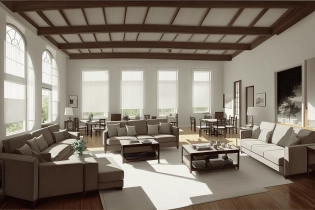 a drawing of a living room with a couch and a coffee table in it and a ceiling fan in the center, big windows (only:2. 0) on the left, style of Gifford Beal, a digital rendering, line art, modern european ink painting