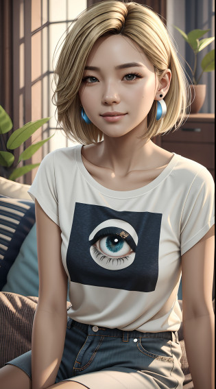 [22-year-old female],[face: round], [eyes: almond eye shape, blue color, thin and curved eyebrow shape], [Nose: Sticky shape, small hole], [Mouth: thick lip shape, Neat teeth], [Chin: Tyre chin shape, Sunken chin], [Hair: Short hairstyle, blonde color,], [Ears: Small ear shape], [skin: white skin color, Smooth skin texture], [Facial expression: smile], [Activity: Sitting on the sofa in the living room],
[Top clothes: T-shirt, brown color, plaid pattern, delicate texture, casual wear style, folded clothing design, well-maintained clothing condition]
Professional photograph of a stunning woman detailed, cinematic lightning, octane render, unreal engine, volumetrics dtx