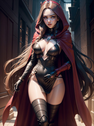 (New York: 1.5), (time square: 1.5), Scarlet Witch, whose real name is Wanda Maximoff, has magical powers and a connection to the Avengers. She has a distinct physical appearance and iconic costume. Here is a detailed description of her physical appearance and clothing: Physical appearance: Face: Gorgeous, 35-year-old woman, large intricate eyes, perfect, beautiful Hair: Wanda Maximoff has long and usually brown or dark brown hair. The length of the hair can vary in different representations, but it is often worn loose or with strands falling over the face. Eye: Her eyes are often portrayed as blue. In moments of intense magical or emotional activity, her eyes may glow a brighter shade of intense violet. Height and Physical Shape: She is a woman of medium to tall height with a slender and athletic figure. Her appearance is often described as seductive and elegant. Typical Clothing: Scarlet Witch's costume is the Scarlet Dress: She usually wears a dark red or scarlet dress that covers her entire body, including her arms and legs. The dress is often decorated with black details, such as bands or lines, which give it an elegant and seductive look. Scarlet Cloak: Over her dress, the Scarlet Witch wears a scarlet cloak that often has a cape that can be pulled up and over her head, creating a hooded cape that accentuates her magical and mysterious look. gloves and boots: She wears gloves and boots that match the color of her dress and cape. These gloves and boots are often decorated with black or silver details. tiara crown: In some depictions, Wanda Maximoff wears a crown or tiara that adds a regal touch to her look. This crown usually has a jewel in the center and is used as a symbol of her magical royalty. jewelry: Scarlet Witch is also known to wear magical jewelry, such as the 