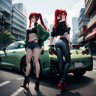 Full body shot, female asian Irina Shidou red hair twintails green eyes, standing next to a Nissan GT-R in a cyberpunk city, wearing a bomber jacket and crop top and denim shorts, standing next to a Nissan GT-R, side shot, back shot, shot from backside, behind shot, masterpiece, highly detailed