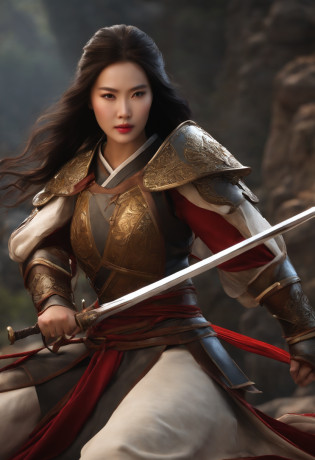 tmasterpiece?High-definition CG diagram?Ancient Chinese female warrior Mulan?One hand holds a sword?Helmet in one hand?Oversized models?Detailed eyes and face?Tall figure?Brunette girl?All-armor clothing?Over-the-knee boots?Brilliant armor colors?Exquisite decoration?Charming temperament?Tall figure?Wide buttock?Thick thighs?A majestic sight?Scenes from war?