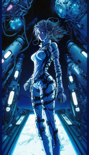 girl in tight jumpsuit, spaceship inside, Tsutomu Nihei style, Blame! , Sidonia no Kishi, gigantism, space station, multistory space, futuristic style, neon-lit energy beams, icy anabiosis capsules in the background, ice in the background, blue energy beam in the background, blue neon light, the highest quality, the highest detail, anime, manga graphics, drawing, first person, 8K, Full-HD, Plasma --q 2 --ar 9:16