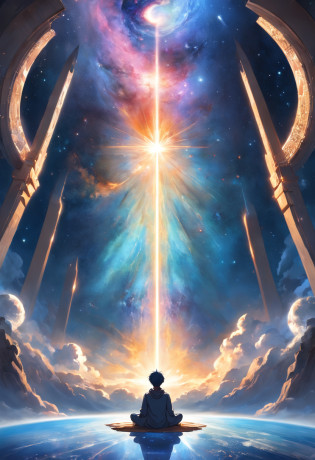 Imagine an image split into two major sections, the top half featuring the vast expanse of the universe filled with beautiful galaxies, and the bottom half showcasing a cross-section of Earth down to its mantle. In the center, where both worlds meet, a human is seated in a Zen meditation pose.

A pillar of light emanates from the human's head, reaching upwards and merging into the celestial bodies of the universe. This light represents a connection with the cosmos, a symbiosis between the individual and the boundless mysteries of space. Simultaneously, another pillar of light descends from where the human sits, penetrating deep into the Earth's mantle. This signifies a grounding connection with Earth, anchoring the person to physical reality even as they transcend it through meditation.

The lighting in this image is ethereal yet balanced, highlighting the duality of existence: the physical and the metaphysical. The use of a wide-angle lens, such as a 16-35mm f/2.8, could capture this broad scope, while a smaller aperture like f/11 could bring all elements into focus.

In terms of lighting, a soft, diffused light should be cast upon the meditating figure to give them an almost ethereal glow, signifying the illumination of enlightenment. For the background, opt for dynamic contrast to make the galaxies and Earth�s inner layers pop out, perhaps using post-production techniques to fine-tune the details.

This composition would be a metaphoric visual feast, encapsulating the unity and balance between the cosmos, Earth, and human consciousness.