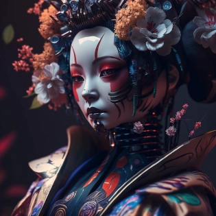 Cyberpunk humanoid robot geisha, flower kimono, very colorful, depressed look, hypermaximalist, elegant, super detailed, 32k, insanely detailed and intricate, Photography, Photoshoot, Shot on 70mm lense