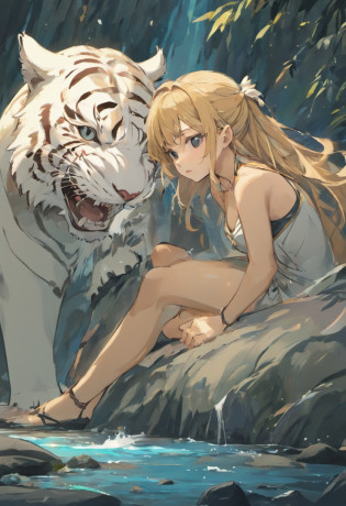 the white tiger and a female beautiful beast tamer, (mature woman:1.4), (mature face:1.4), Mountain and Sea Sutra,mythological beasts, Handsome, mature face, extremely detailed textures, beautiful shadow and lighting, masterpiece, absurdes