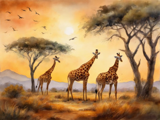 painting of two giraffes in a field with trees and sunrise, landscape artwork, african savannah, african steppe, african landscape, savannah, detailed gouache paintings, watercolor painting style, detailed watercolor painting, watercolor detailed art, oil paintings, african plains, watercolor painting , watercolor painting, watercolor on canvas, detailed paintings, watercolor art, landscapes
