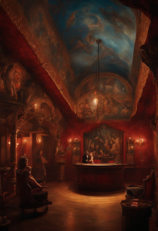 [1] = A movie poster From Dusk Till Dawn - The Titty Twister Bar in evidence crawling with vampires
[2] = An artist's rendering of The Titty Twister Bar, Where vampires gather, banhado em um surreal, luz sobrenatural. The interior of the bar is adorned with crimson velvet, Decadent statues, and sinister paintings of demonic figures. Shadows dance on the walls as vampires move to kill.
[3] = O Titty Twister Bar existe em um reino entre a realidade e o sobrenatural. The environment is a seductive mix of opulence and decadence, with crimson curtains shining in an invisible breeze and the smell of blood lingering in the air.
[4] = The mood is gloomy, sedutor, e mistura sinistra de sensualidade e perigo. A atmosfera estala com um erotismo inquietante enquanto os vampiros se preparam para festejar.
[5] = Surrealist painting with cosmic elements
[6] = Painted with acrylics on a large canvas, employing a combination of bold brushstrokes and delicate details. Special lighting effects will be added to give the painting an otherworldly feel.
[7] = Sem fotografia realista, sem luz do dia, no common bar decoration, no common lighting, sem elementos mundanos.