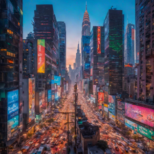 bustling cityscape at dusk; tall skyscrapers boast a kaleidoscope of colors from neon signs, with trails of car lights weaving through the street as life pulses through the city