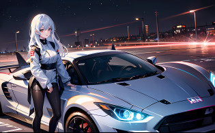 afternoon, 1 girl standing by car, cars, space suit, black car, clean spoiler, very detailed, glowing lights, cool car, cool car, rocket bunny, japan, jdm, car under glow, race track, (center frame), hires,