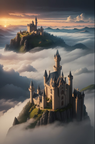 Isometric view of a Fairytale Castle, it's in a hill surrounded by clouds. Sixteen skinny, round towers are both a defensive and decorational aspect of this elegant castle. The walls are made of light bluish grey stone, black roofs. Many slightly illuminated windows are scattered thinly across the walls in an asymmetric pattern, along with overhanging crenelations for archers. The castle is surrounded by a garden barely seen through the fog. Clouds in beautiful pastel colours of sunset. Illuminated by natural light of sunset. Surrealist concept, Realistic ray traicing.