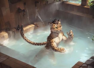 <lora:shu-chi-09:0.8>, yan shu chi, (solo),  by Pixelsketcher, by Bayard Wu, by Thomas Benjamin Kennington , by Einshelm, detailed eyes, (full body), leopard tail, tail, green eyes, nude, hips underwater, hot springs, steam, hot steam, upper body, lower body underwater, bathing, inside hot spring,
