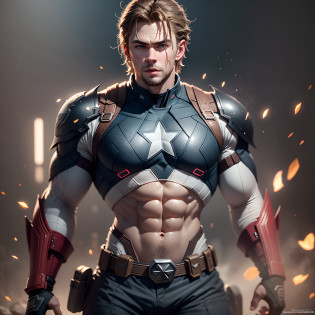 Chris Hemsworth Captain America, Moreno, with the tabby breastplate, torn suit top showing the tabby breastplate and abdomen, with face defined as highly detailed midjourny-v4 style, highly detailed beautiful face, standing in darkness with black particles surrounding the body, proportional body shape + perfect anatomy, shirtless, symmetrical dynamic pose, volumetric shadow,  neon effect of bright dust particles + detailed particles, render full hd + 3D octane render + unreal motor 5 4k UHD graphic + immense detail + dramatic lighting + well lit + intricate + fine details + octane render + Ray tracing + 8k + sharp focus + high vibrant contrast, DC-style, trend on ArtStation