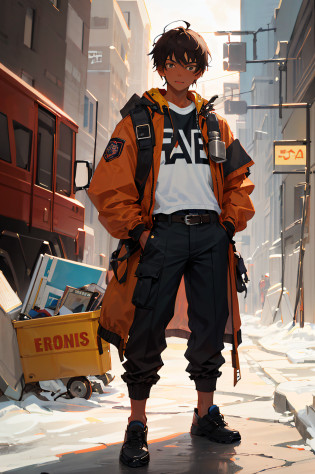 (((high resolution, super detailed, 1 male, brown skin, 15 year old male student, teenager, 15 year old male, male focus))), 1boy, solo, jacket, open clothes, black pants, open jacket, abs, navel, pants, short hair, bala, belt, look at the audience, shut up, red jacket, outdoors, sweat, brunette hair, multicolored jacket, hands in pockets, days, gloves, black belt, firefighter, firefighter uniform, muscle,