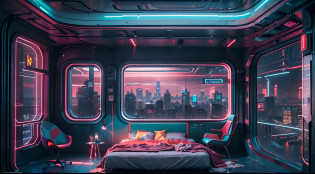 Best image quality, Masterpiece, Ultra-high resolution, (Fidelity:1.4), Photo, Dim, Darkness, Movie, ((Cyberpunk)), cyber outfit, Futuristic, ((Award-winning ultra-realistic photos)),??tmasterpiece????hyper-detailing???Complicated details???High resolution CGI artwork 8k??A futuristic cyberpunk living room?Large windows for balcony floor-to-ceiling windows?Busy and colorful?Detailed cyberpunk cityscape?Futuristic style?There are many colors and LED lights?The cityscape should be very detailed?depth of fields?Create depth with atmospheric lighting?Evoke the feeling of a busy futuristic city outside the window?cameras?Wide-angle lens showing rooms and windows?The window should be the focal point of the image?illuminating?Use atmospheric and volumetric lighting to enhance cityscape detail?The room should be illuminated by the neon lights of the cityscape, Pastel textured colored background, Colourful, vibrant,