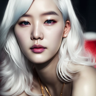 white hair, a portrait of a young south korean girl with medium length white hair, highly detailed face by greg rutkowski and magali villanueve, beautiful eyes, small breasts, toned body, cinematic lighting, neon lit street background, Hyperrealism, photography,