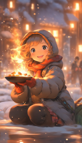 A little girl in a down jacket camps by the river?Winter is snowy?The girl drilled wood for the fire?A small fire?Little girl grilling fish over a small fire?wearing gloves?Wear a scarf?The little girl smiled happily?Children's illustration style?Full body like?Department of Healing