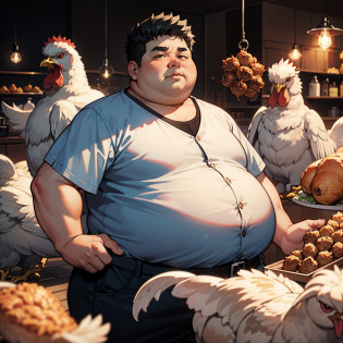 An obese man?Black color hair?Foodies with chicken feet?Lots of chicken feet?Lots of chickens next to it ,Illustration anime style?Dark 4K, hyper HD, tmasterpiece