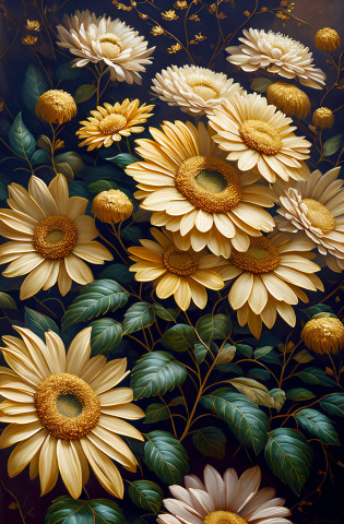 There is a painting of flowers?There are gold and silver leaves?gold flowers?Hydrangeas and chrysanthemums?Flowers and gold?gilded relief?detailed flowers?ornate flowers?Golden flaky flowers?Flowers with intricate details?Chaotic gold leaf flowers?Detailed 4K oil painting?Stunning and rich in detail?gilded with gold?Flowers?Flowers?baroque element?Intricate oil painting