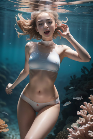 A naked teenager spreading her legs,  very excited, ouvrant la bouche, tirant la langue, Cheveux courts, at the bottom of a coral reef, A photorealistic painting, inspired by Yanjun Cheng, Gagnant du concours Artstation, petit loli sinueux, Elle danse. Realstic, of youthful Japanese beauty, Realistic cartoon, loses hair very quickly underwater becoming bald, air bubbles escaping from his mouth, (((((fille chauve))))),