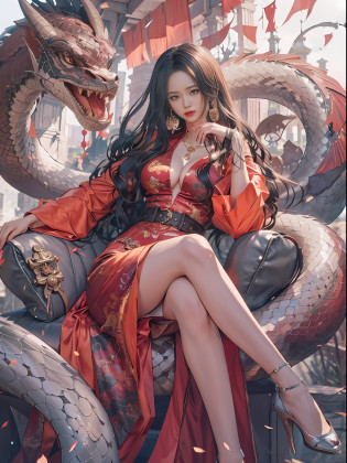 The beauty sits on top of a giant snake in a crimson dress, and is created by digital animation art such as Yang J, Dragon Queen, Dragon Girl Portrait, Dragon Girl, and superb illustrations such as Ruan Family and Artgerm. Wonderful fairy shapes, beautiful and charming faces, the sublime temperament of beautiful fantasy queens and snake queens, the classic creations of anime fantasy artists such as Artgerm and Ruan Jia are a perfect fusion.
