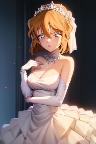 ((masterpiece)), (face on light), (8k, high_resolution), ((distinct_image)),((1girl, solo)) ,extremely detailed CG, ((best quality)), (meitantei conan \(style\), detecive conan \(style\), meitantei conan), solo, beautiful eyes and detailed face,((short hair)),  (medium breasts), (wide hip), (blush), (abs:0.8), ((detailed wedding dress, white wedding dress, tiara:1.2)), ((1girl, solo)),  (glamorous, 19 years old, aged up) , (slender) <lora:haibara ai 001:1>, cowboy shot, detailed hand,