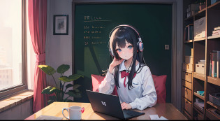 Anime girl with headphones sitting on laptop table, lofi-girl, lofi artstyle, lofi art, lofi vibes, lofi feel, hi-school girl????lofi hip hop, lofi, chillhop, lofi girl aesthetic, lofi portrait, Lofivibe, lofi color, anime vibes, The aesthetics of the lofi