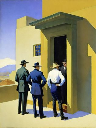 <lora:N.C.Wyeth:1>a painting of a group of men standing outside of a building with a door open by N.C. Wyeth