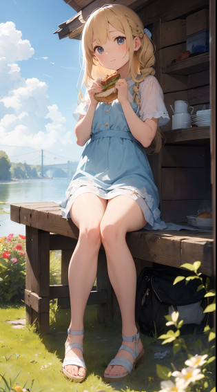 sandwich?Bread with white bread?Ingredients are ham, cheese, lettuce and tomatoes?It is topped with mayonnaise and mustard?The sandwich is cut and?Cross-section is visible?The sandwich is on the plate.?Served with napkins, forks and knives? girl with?Her hair is blonde and long.?Braided?The face is round and cute?Clothes in white and blue dresses?Has a floral pattern?Shoes in white sandals?Ribbons are attached to the ankles?The girl is sitting?I have a sandwich in my hand.?Eating happily? scene?There is a beautiful scene floating in the background.?Blue sky, white clouds, green meadow and colorful flowers?The scene is softly painted like a watercolor painting.?It has a dreamy atmosphere?The scene expresses the imagination and sensibility of the girl?Pubic hair shows through?(Beautiful bare pubic hair) ,more_Details:1.5, (More and more_Details:1.9)?