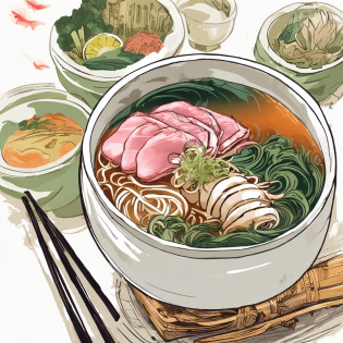 ((best quality)), ((masterpiece)), ((realistic)), The artwork showcases a mouthwatering bowl of ramen, expertly crafted and beautifully presented. The bowl contains Chinese noodles, accompanied by a flavorful broth made from pork, fish, or chicken bones. The base tar� sauce adds depth and richness to the broth, elevating its taste. The bowl is adorned with vibrant green seaweed (nori), tender slices of pork (ch?sh?), marinated bamboo shoots (menma), fresh scallions, and naruto (a swirl-shaped pink fish cake). The scene captures the essence of Japanese cuisine and the comforting atmosphere of a cozy ramen restaurant. The lighting is warm and inviting, enhancing the visual appeal of the dish. The artwork is of the highest quality, showcasing every detail of the ingredients and presentation. It is a masterpiece that entices the viewer's taste buds and evokes a sense of culinary delight. on eye level, scenic, masterpiece.