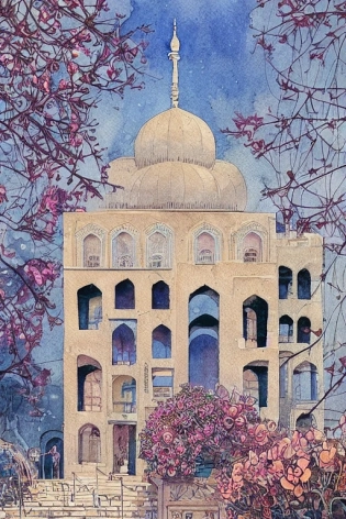 a beautiful urban sketching watercolour painting of Persian architecture, flowers, by victo ngai, johfra bosschart, greg rutkowski