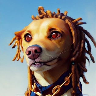 portrait of dog with dreadlocks wearing gold chain focus cute eye enchanted official fanart behance hd artstation by Jesper Ejsing, by RHADS, Makoto Shinkai and Lois van baarle, ilya kuvshinov, rossdraws portrait, highly detailed, digital painting, concept art, sharp focus, cinematic lighting, art by artgerm and greg rutkowski and alphonse mucha radiant light, peter mohrbacher, ferdinand knab, artgerm, portrait happy colors, bright eyes, clear eyes, warm smile