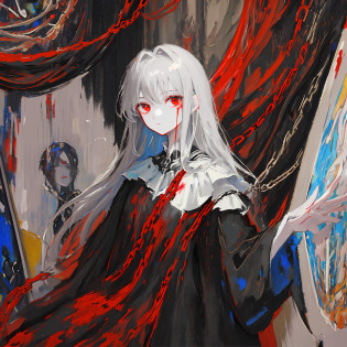 1 girl, dark background, dull colors, illustration, upper body, dark hair, red eyes, blood, chain, paintings, paintings, paintings, paintings, paintings, paintings, paintings, paintings