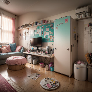 Girl's obsolete dirty room, shabby old pink sofa, underwear is scattered, clothes are scattered, PC and monitor, evening, window, sunset light is entering the room, junk food, cup noodles and drink jars and cans are scattered, garbage is overflowing from trash cans. Cables and wiring are exposed from the walls, only appliances are futuristic, sparkling dust flutters in the room, HD, 8K, masterpiece, realistic texture. --auto --s2