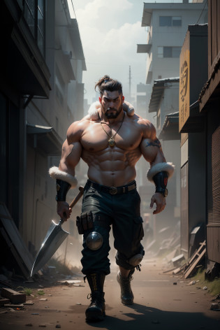 Visualize a cyberpunk scene set in the year 2500 on a desolate Earth, with a backdrop of dilapidated buildings. The central figure is Kintaro, a muscular, large Japanese man with a lively expression. He's armed with a massive energy axe, a tool used for chopping trees, and is dressed in a combat suit. A fur hat sits on his head, and a bear-shaped pendant, which serves as a power booster, hangs around his neck. Accompanying him is his pet, a gigantic bear. The color palette is dominated by gold and brown. The image should be hyper-realistic, highly detailed, and high-resolution 16k. The lighting should be neon and futuristic, casting an eerie glow on Kintaro, his pet bear, and the desolate landscape. Use a wide-angle lens to capture the vastness of the environment and a shallow depth of field to focus on Kintaro. --ar 16:9 --v 5.1 --style raw --q 2 --s 750