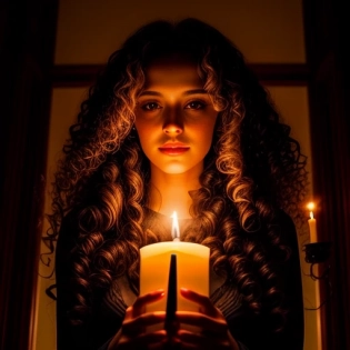 a beautyfull girl, long curly haired, darkness, candle light