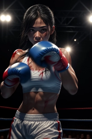 (best quality, masterpiece, cinematic composition), RAW photo, sports photography, panoramic view of a beautiful asian girl, kickboxer, fighting pose, punching towards the viewer, boxing towards the camera, fight, ring, upper body, stage light, toned body, slim, petite, sweaty body, ((water droplets in the air, scars, blood stains at body, scars in face)), shallow depth of view, fighting pose, (boxing stadium in the background, audience in the background), high dynamic range, , photorealistic, 8K, RAW candid cinema