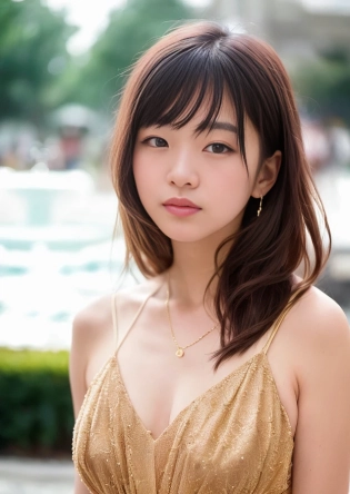 RAW photo, masterpiece, The Cinestill hasselblad 50 mm camera has a full body portrait of a (((american:0. 5)(South Korean:0. 5)):1. 5) woman with ((Rose) (hair down):1. 1), (gorgeous face:1. 2), looking at camera, dressed in leisure summer open clothes, (standing:1. 4) at a distance in a town square with fountain in distant background, in the beautiful city of Dubai. Glamour Shoot, Golden Ratio, Photorealistic, Hyperrealistic, Hyperdetailed, analog style, detailed skin, matte skin, soft lighting, subsurface scattering, realistic, heavy shadow, masterpiece, best quality, ultra realistic, golden ratio, Intricate, High Detail, studio photography, soft focus, (high detailed face:1. 2), (high detailed skin:1. 2), 8k uhd, dslr, soft lighting, high quality, film grain