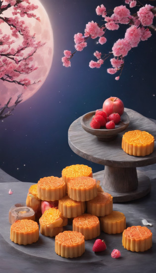 Mid-Autumn Festival, Reunion, Full moon, the night, ?Cantonese-style mooncakes?, teas, the fruits, edgBunny, Chang'e rushes to the moon, symetry, High detail, romanticism lain, Sparkle, god light, Ray tracing, hyper HD, retinas, Masterpiece, ccurate, Super detail, High details, High quality, Best quality, A high resolution, 16k, Anatomically correct