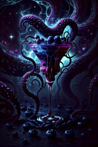 (cosmic:1.2) (blue eldritchtech:1.2) (cocktail:1.8), decorated with a (beautiful kraken tentacle:1.3) and a handful of (perfect blueberries:1.3), (azure and purple crystal flakes:1.2), (eldritchtech fog:1.2), depth of field 100mm, (extremely beautiful:1.2), ornate decoration, accurate, sharp focus, (product image:1.5), (photorealistic:1.5), (masterpiece, best quality, 16k, 8k, ultra highres, absurdres, highres:1.2)
ADDCOMM
<lora:style-cosmiceldritchtech:1.0> <lora:epi_noiseoffset-v2:0.25> <lora:add_detail:1.0>
ADDBASE
cosmic background, dark energy, eyeball, cocktail umbrella
ADDROW
(a handful of perfect blueberries:1.8), tentacles, wet black marble surface
ADDROW
should you hear the whisperer's howl
for sure your end is near most foul
made in part of rampant madness
this rotgut will cause you only sadness
and if you desire to prevent your demise
it might be needed to cover your eyes
but if all you want is to forget your sorrow
then drink this liquor but don't count on a 'morrow